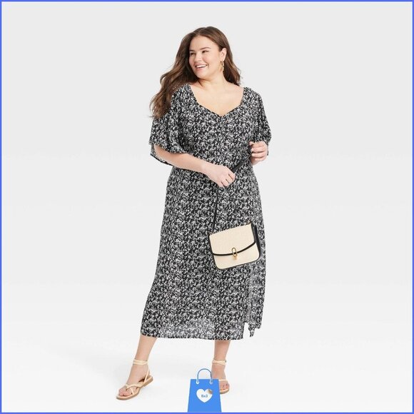 XXL - Womens Crepe Flutter Short Sleeve Midi Dress - A New Day - Black White - Picture 2 of 5